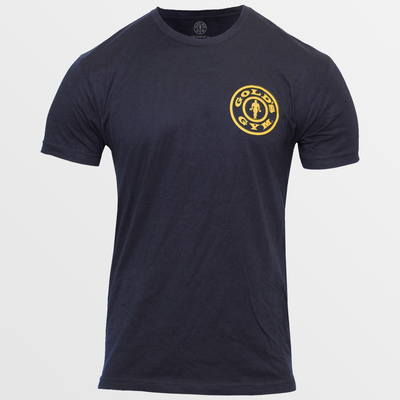 photo of basic left chest tee in navy. golds gym weight plate logo in yellow on upper left chest. 