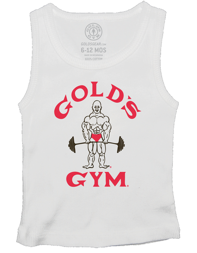 photo of classic joe baby tank in white. red font and shorts on classic joe logo.