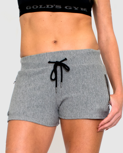 photo of model wearing advance french terry short in grey heather. black drawstring tie in waistband.