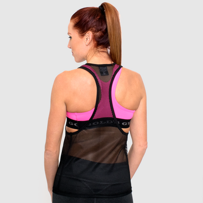 back view photo of model wearing advance mesh tease tank in black. black trim on neck and arm holes. 