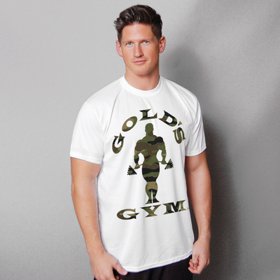 photo of model wearing camo silhouette tee in white. muscle joe silhouette logo in green camo on front. 