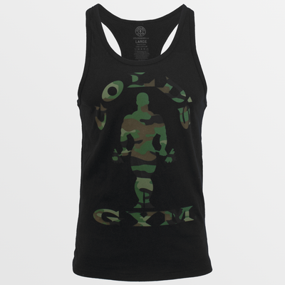 photo of camo silhouette stringer in black. muscle joe logo on front in green camo color.