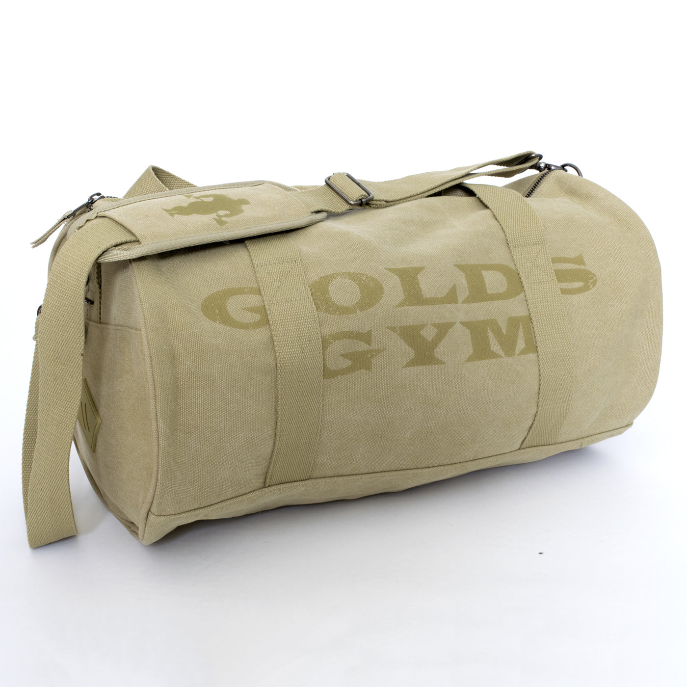 photo of canvas barrel duffel in washed stone. large golds gym printed on side. muscle joe logo on shoulder strap.