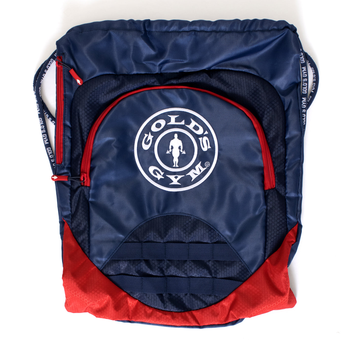 photo of bulletproof drawstring cinch in navy. red accent on bottom red zipper across back and on side zipper pocket. golds gym weight plate logo in white in center. 