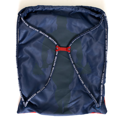 back view photo of bulletproof drawstring cinch in navy. red accent on clip connecting straps. golds gym on straps repeating.