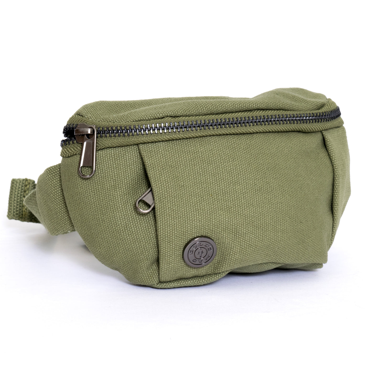 photo of canvas zampetti waist pack in washed olive. golds gym weight logo on metal accent near left vertical zipper pocket. large zipper pocket on top.