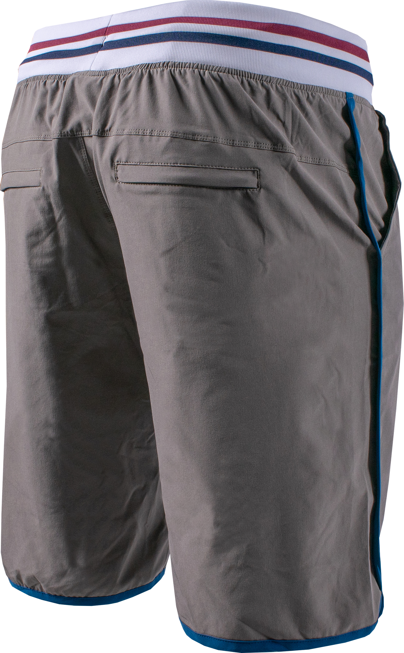 rear photo of 11 inch short in grey. white waistband with blue and red stripe in center. blue accent lining on outer leg and around leg hole. showcasing pockets on back