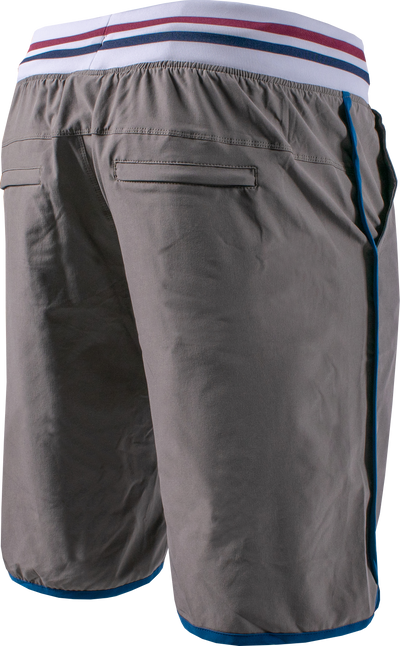 rear photo of 11 inch short in grey. white waistband with blue and red stripe in center. blue accent lining on outer leg and around leg hole. showcasing pockets on back