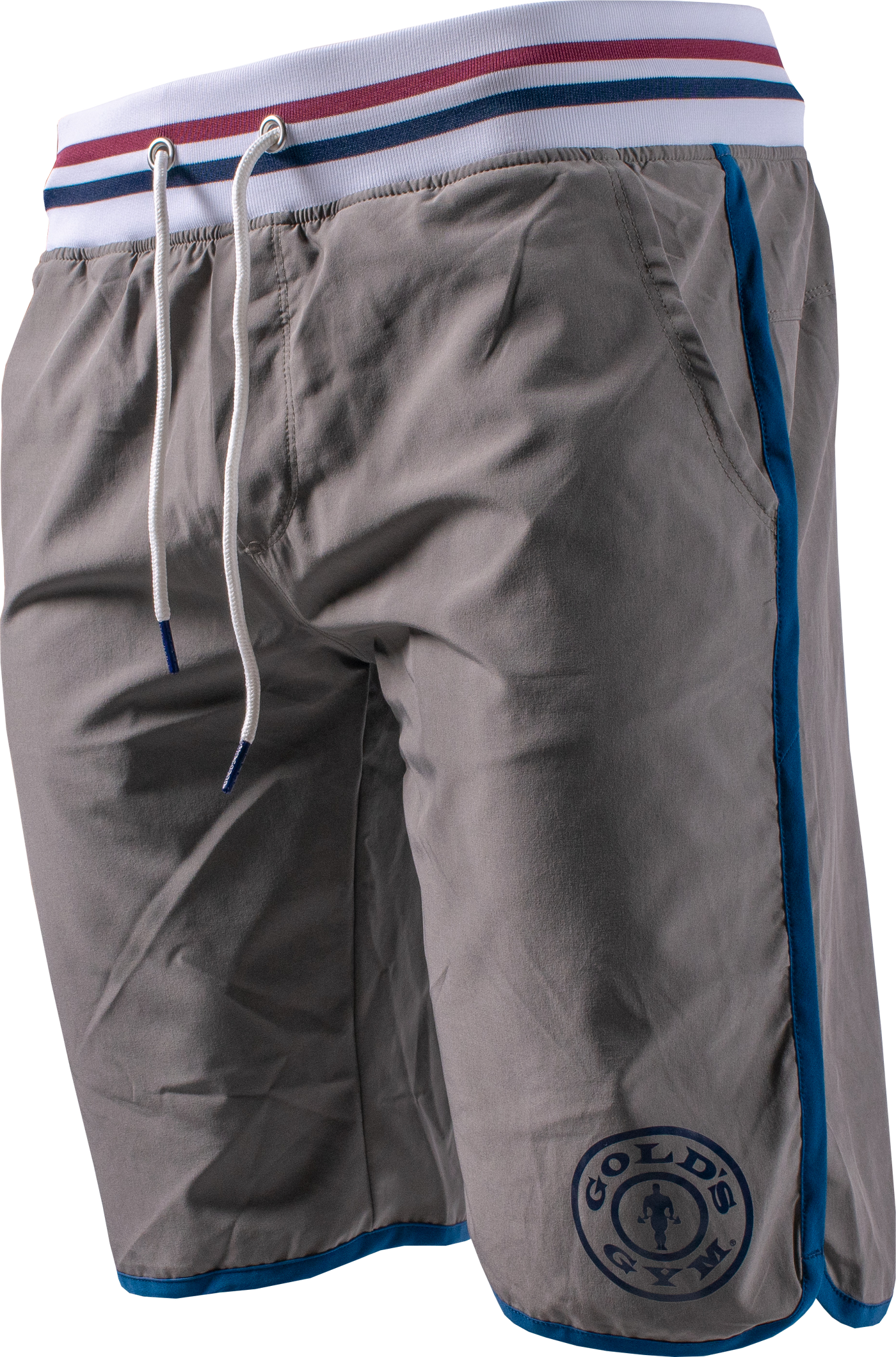 photo of 11 inch short in grey. white waistband with blue and red stripe in center. blue accent lining on outer leg and around leg hole.