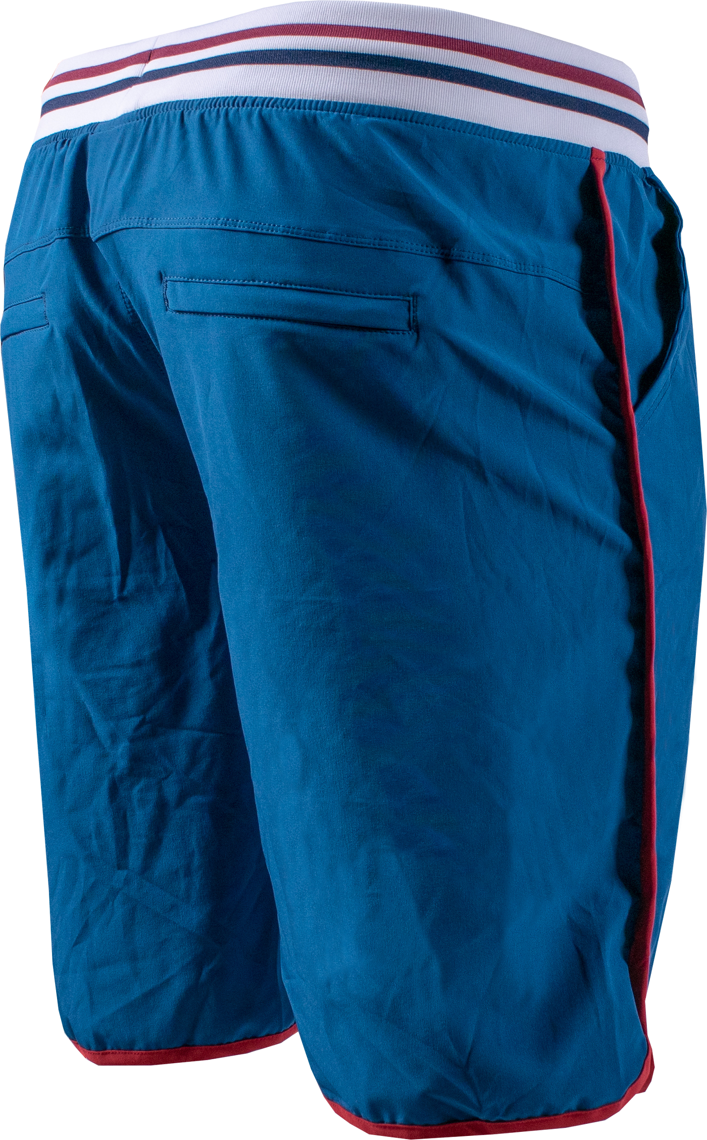 rear photo of 11 inch short in blue. white waistband with blue and red stripe in center. red accent lining on outer leg and around leg hole.