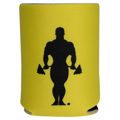 Yellow Koozie with black Muscle joe on the side