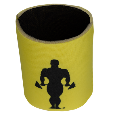 top view of Yellow Koozie with black interior and black muscle joe on the side