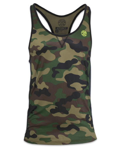 photo of advance performance stringer in green camo. golds gym weight plate logo in yellow on upper left chest.