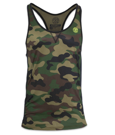 photo of advance performance stringer in green camo. golds gym weight plate logo in yellow on upper left chest.