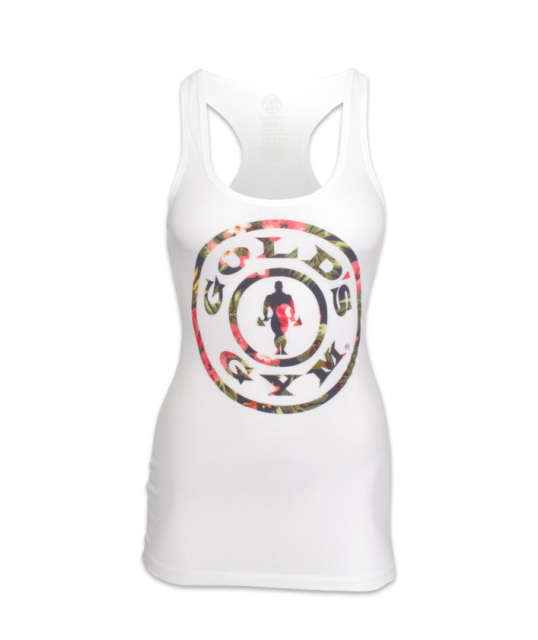 photo aloha racerback tank in white. golds weight plate logo in floral colors.