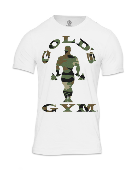  photo of camo silhouette tee in white. muscle joe silhouette logo in green camo on front. 