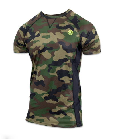 photo of advance performance raglan crew in green camo. golds gym weight plate logo in yellow top left shoulder. black seam visible from neck line to armpit. v stitch bleow neckline in center. black stripes on both sides under arms